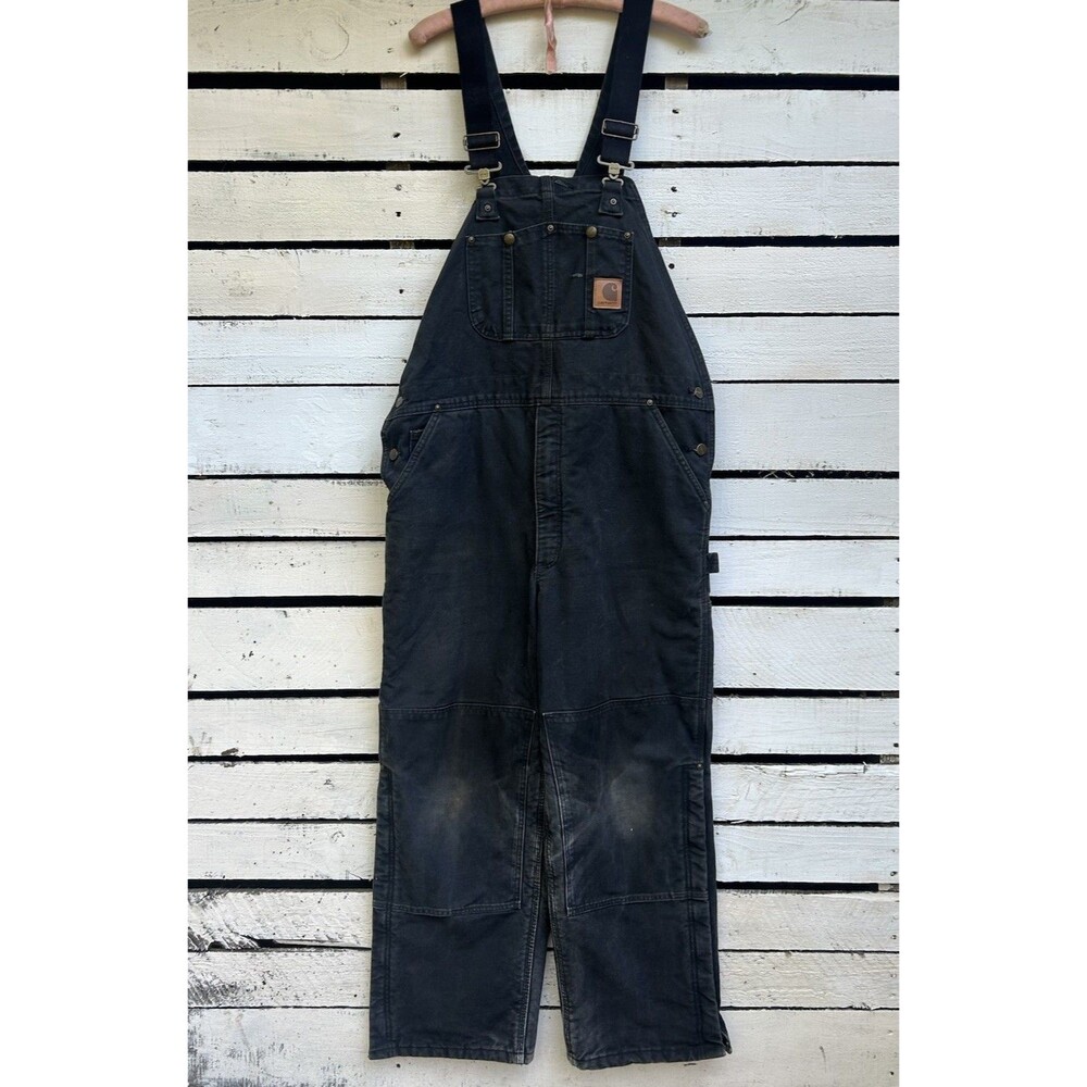 Carhartt Bib Overalls R02 BLK Quilt Lined Black Duck Mens 40x30 Workwear Canvas